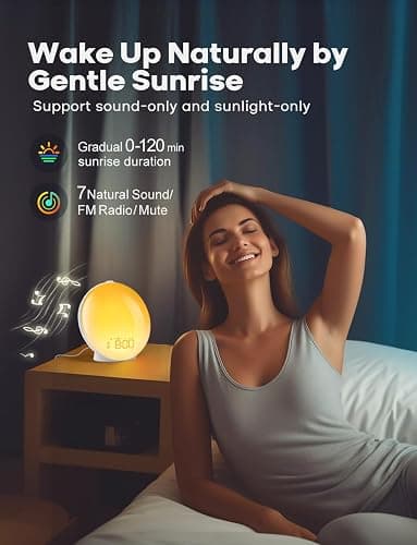 Dekala Tageslichtwecker Lichtwecker Sonnenaufgang Sonnenuntergangssimulation, Vollbild-Digitaler Wecker mit Doppelalarmen, Rotationstaste, Natürlichen Klängen, FM-Radio für Erwachsene & Kinder thumbnail 5