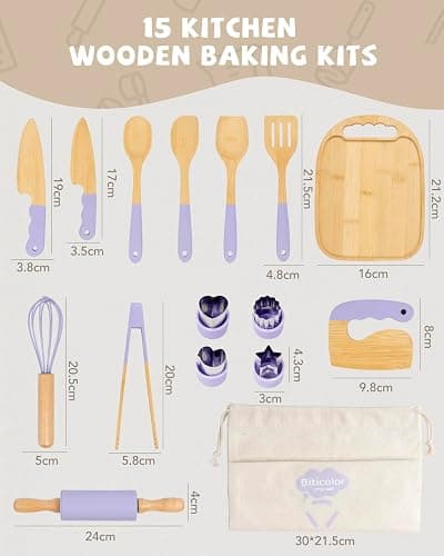 Wooden Kids Cooking Set Montessori Kit - Real Toddler Kitchen Tools & Baking Utensils - 15PCS Cooking Kit for Kids with Storage Bag, Great Gift for Pretend Play & Montessori Learning (Purple) thumbnail 4