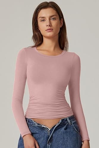 QINSEN Womens Crewneck Long Sleeve Shirt Double Lined Basic Tees Side Ruched Going Out Crop Tops thumbnail 5