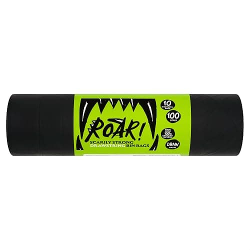Roar! Bin Bags 100 Litres, 10 Double Drawstring Ultra Strong Black Refuse Sacks, 100% Recycled Plastic, Everyday Use, Household, Office & Kitchen Waste - Image 1