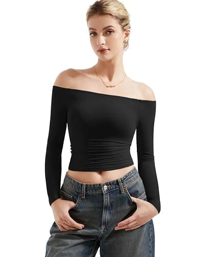 SUUKSESS Women Off Shoulder Double Lined Long Sleeve Shirts Basic Going Out Tops - Image 1