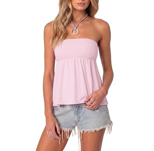 SUUKSESS Women Peplum Tube Tops with Built in Bra Summer Cute Sleeveless Strapless Babydoll Tank Top - Image 1