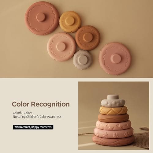 Nueplay 7 Pcs Stacking & Nesting Baby Toys, Squeeze Teething Toys and Building Circle with Pink Horse Figure, Newborn Essentials for 6 12 18 Months Toddler Girls thumbnail 5