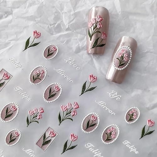Flower Nail Stickers 5D Embossed Nail Art Stickers Decals Self-Adhesive Pink Tulips Floral Nail Supplies Spring Nail Art Design Decoration Accessories - Image 1