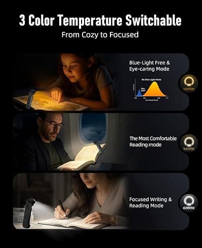 HIONXMGA Book Light for Reading in Bed,Rechargeable LED Reading Light,3 Amber Colors & 7 LEDs Precise Dimming,Portable & Long Lasting, Perfect for Book Worms,Kids(Black) thumbnail 3