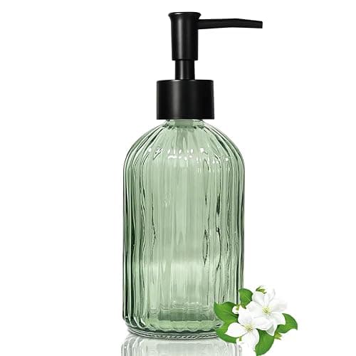 14 Oz Black Pump Glass Soap Dispenser, Green Stripe Countertop Refillable Liquid Bottle Hand Dish Lotion Dispenser with Plastic Pump, for Kitchen, Bathroom - Image 1