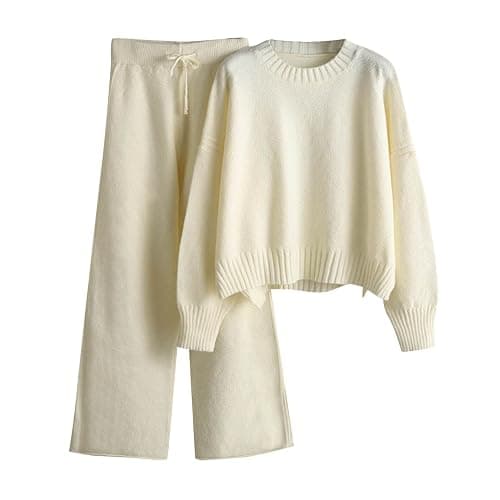 PAIDAXING Womens Oversized Knit Lounge Wear Sets 2 Piece Outfits Crew Neck Long Sleeve Sweater Tops with Wide Leg Drawstring Pants Cosy Knitwear Homewear Co Ord Sets for Women Elegant Tracksuit - Image 1