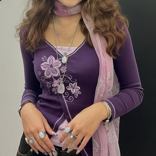Y2k V Neck Floral Tops Women Fairy Grunge Vintage Long Sleeve Top 2000s Emo Graphic Cute Teen Girls Clothe thumbnail 6