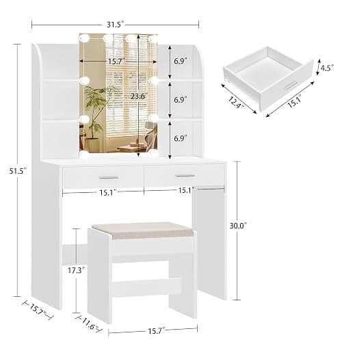FIONESO Vanity Desk with Mirror & Lights, Makeup Vanity Table with 2 Large Drawers, 6 Storage Shelves & Stool, Bedroom Dressing Vanity Table with 3 Color Light Adjustable, White thumbnail 3