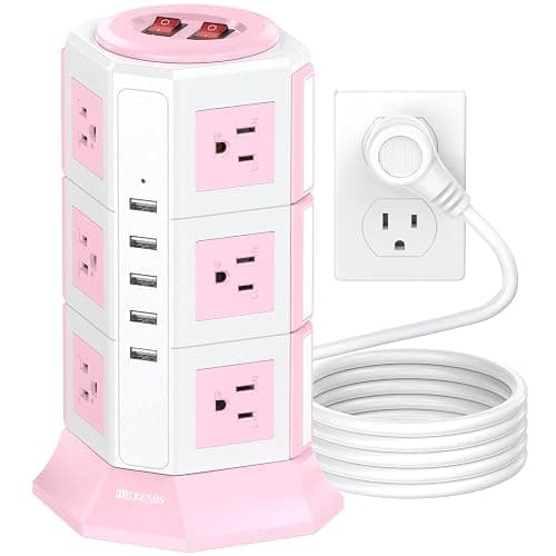 Pink Tower Power Strip with Surge Protection | HITRENDS 12 AC Outlets + 5 USB Ports | 16AWG/ 6.5 Ft Extension Cord with Multiple Outlets | Space-Saving Design for Office & Home(1625W, 1050J) - Image 1