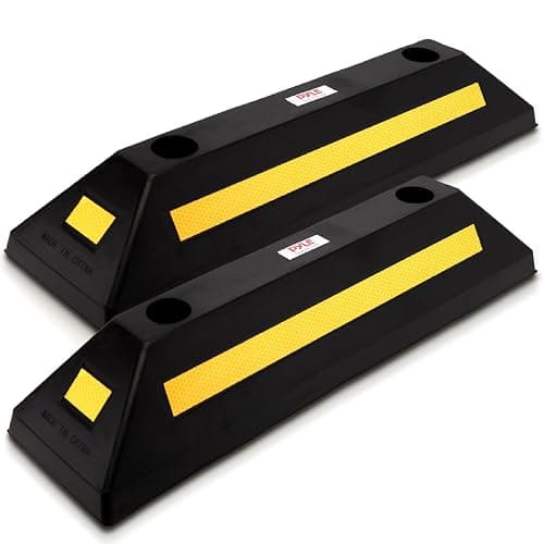 Pyle 2-Pack Heavy Duty Rubber Wheel Stops for Garage Parking – Durable, High-Visibility Tire Blocks for Cars, Trucks, Vans, RVs, Trailers, Forklifts – Reflective Safety Strip Included - Image 1