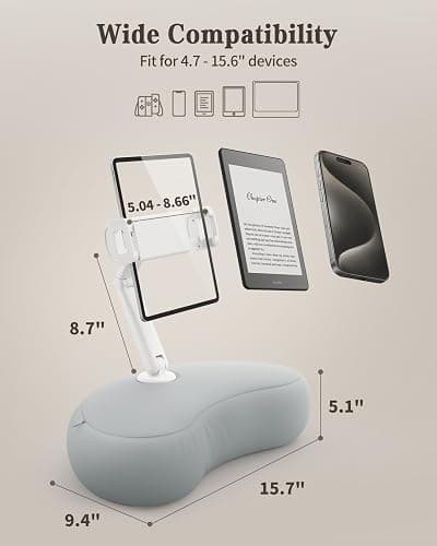 SAIJI Kindle Pillow Stand, iPad Stand Compatible with 4.7”-15.6” Kindle, Phone, iPad, 360° Adjustable Lap Beanbag Tablet Holder for Bed with Flexible Dual Axis Arm and Microbead Cushion (Gray) thumbnail 5