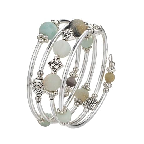 Beaded Pearl Bangle Wrap Bracelet - Fashion Bohemian Jewelry Multilayer Charm Bracelet with Thick Silver Metal Beads, Gift For Women thumbnail 2