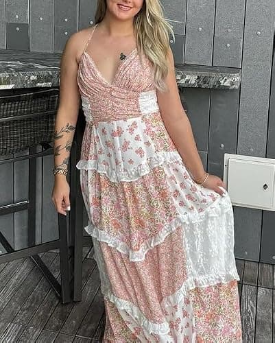 Women Y2k Floral Smocked Maxi Dress Bow Tie Shoulder Tiered Ruffle Midi Sun Dress Boho Casual Beach Long Dresses thumbnail 9