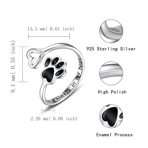 Puppy Lovers Paw Print Heart 925 Sterling Silver Adjustable Ring - Pet Animal Jewelry Creative Pierced Love Dog Cat Claw Ring - Gift for Pet Loving Friends and Families thumbnail 4