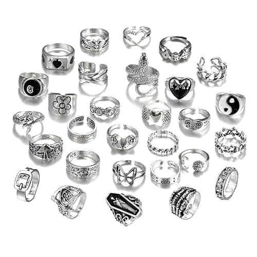 Hifot 29 Stück Y2K Ringe Set für Damen und Männer - Gothic Emo Silber, Punk Grunge Vintage - Herz, Schlange, Blume, Schmetterling, Yin Yang, Totenkopf, Frosch Accessoires Schmuck - Image 1