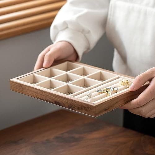 MIGAKU HOME 9 Grid +3 Line Black Walnut Wooden Jewelry Tray Organizer with Velvet Lining - Premium Jewelry Storage for Rings, Earrings, Brooches, LuxuryJewelry Drawer Organizer & Display Tray thumbnail 6