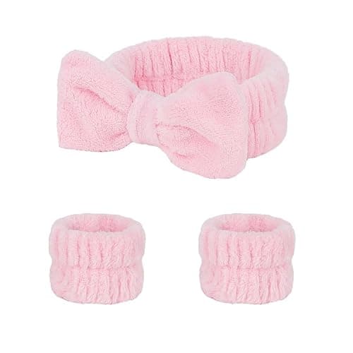 3 PCS Spa Headband and Wristband Set,Face Wash Headband Wrist Band,Makeup Skincare Headband Wrist Bands,Bowknot Elastic Strap for Makeup,for face wash,make-up,shower,massage,etc (Pink) - Image 1