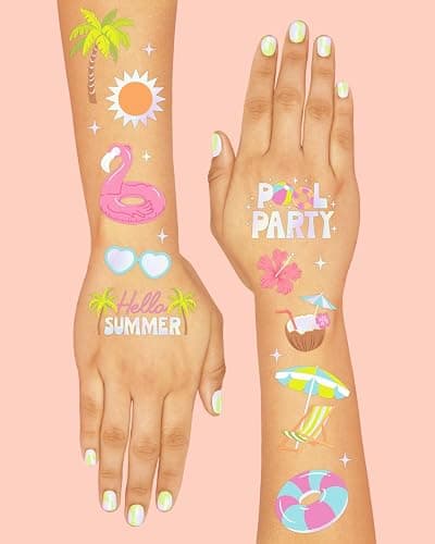 xo, Fetti Pool Party Temporary Tattoos - 68 Iridescent Foil Pcs | Summer Birthday Accessory, Kids Waterpark Party Favor, Cute Beach Activity thumbnail 4