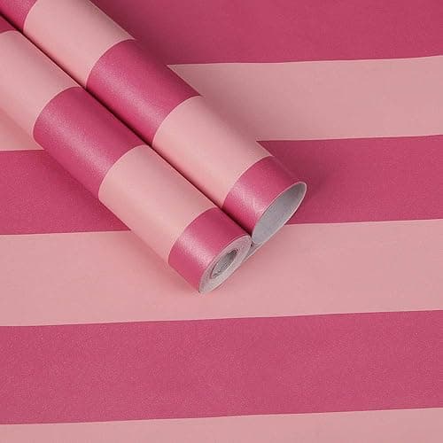PoetryHome Self Adhesive Vinyl Red Pink Stripe Peel and Stick Wallpaper for Walls Kids Girls Nursery Bedroom 17.7x117 Inches thumbnail 2