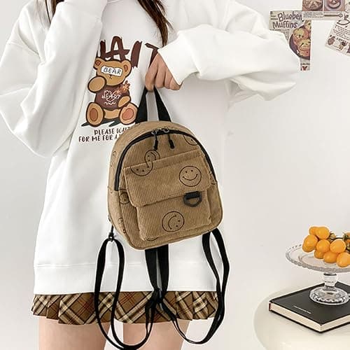 Small Backpack Purse Cute Mini Corduroy Bookbag Toddler Backpack School Bags for Women Girls Boys Teens Kids (brown) thumbnail 3