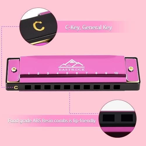 EastRock Blues Harmonica Mouth Organ 10 Hole C Key with Case, Diatonic Harmonica for Professional Player, Beginner, Students gifts, Adult, Friends, Gift(Pink）) thumbnail 5