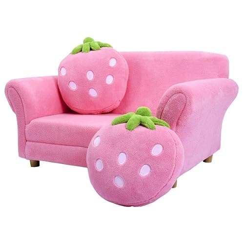 Costzon Kids Couch, Double Seat Pink Children's Sofa with 2 Strawberry Pillows, Toddler Armrest Chair for Bedroom, Living Room, Large Soft for Kids Loveseat Toy for Baby Girls Preschool Gifts Presents thumbnail 5