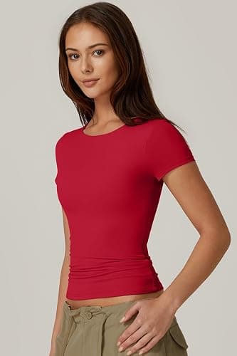 QINSEN Women's Crew Neck Short Sleeve Tees Double Lined Slim Fit T Shirt Basic Y2K Tops thumbnail 4