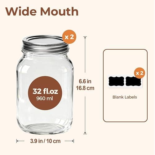 ComSaf Wide Mouth Mason Jars 32 oz with Lids 2 Pcs, Quart Mason Jars with Seal Band, Large Glass Jars, Large Canning Containers for Pickles, Jams, Sauces, Salsa, Sourdough, Salad, Suntea, Food Storage thumbnail 3