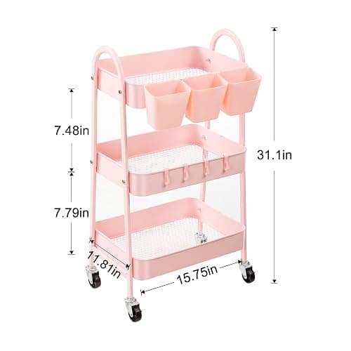 danpinera 3-Tier Rolling Cart, Utility Cart Mobile Metal Rolling Storage Cart with Lockable Wheels & Hanging Cups & Hooks for Kitchen, Bathroom, Office, Workshop, Pink thumbnail 3