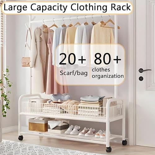 Qshare Clothing Rack with Wheels, Multi-Functional Bedroom Clothing Rack,Garment Rack with Bottom Shelves and Basket,Garment Rack Free-Standing Clothes Rack for Hanging Clothes (White) thumbnail 3