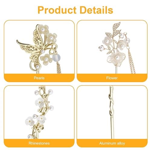 Chinese Hair Sticks, Gold Silver Japanese Hair Sticks with Butterfly Flower Design Pearl Tassels Pendants for Women (3 Gold&3 Silver) thumbnail 3