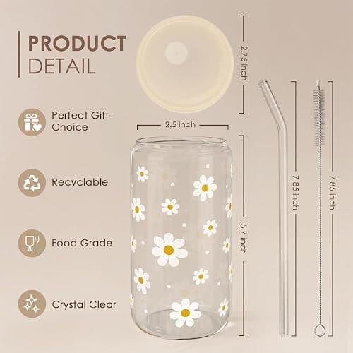 Daisy 16 Oz Can Glass Tumbler with Acrylic Lid and Straw - Iced Coffee Cups for Women, Aesthetic Glass Cup Gift for Birthday Christmas thumbnail 3