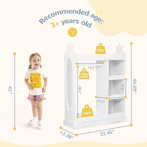 Curipeer Kids Dress up Storage with Mirror, Kids Wardrobe with 3 Hooks, Kids Closet for Girls Boys, Open Hanging Armoire Costume Organizer for Bedroom, Preschool, Classroom, White thumbnail 2