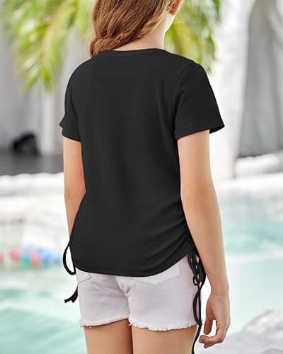 Imily Bela Girls Tees Shirts Cute Crew Neck Short Sleeve Side Drawstring Solid Tops Kids Children Summer Clothes thumbnail 5