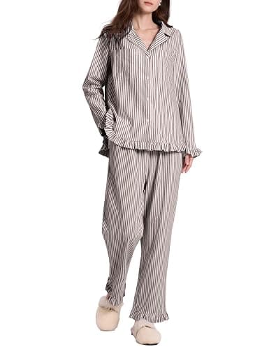 Rousytn Womens Cotton Pajama Sets Long Sleeve Button Down Striped 2 Piece Pjs Ruffle Sleepwear with Long Pants Lounge Set - Image 1