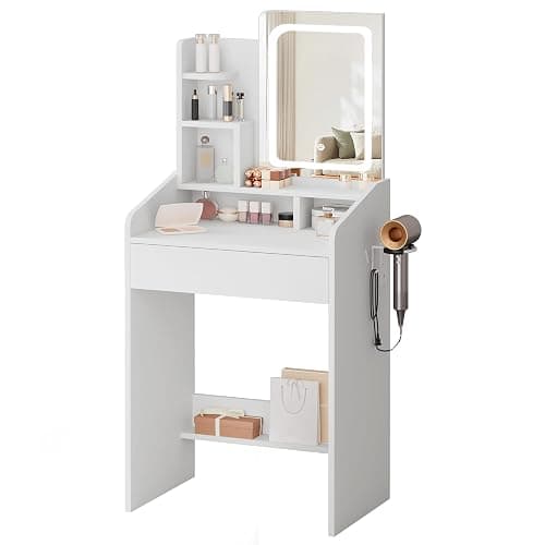 LIVELYGLOW 24" White Small Vanity Set with Lighted Mirror & Storage Stool | Smart LED Mirror, Charging Station, Hairdryer Rack, Space-Saving thumbnail 9