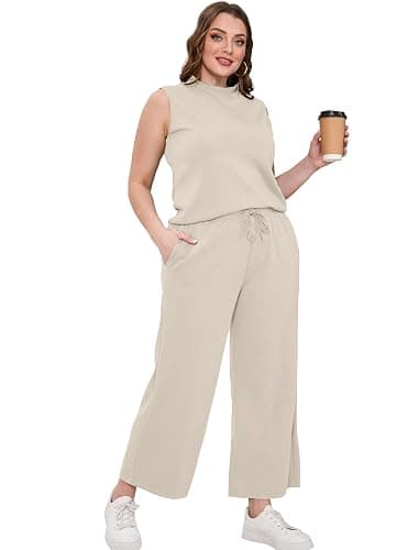 SAMPEEL Two Piece Sets for Women Summer Outfits Lounge Sets Mock Neck Tops Wide Leg Crop Pants Vacation Travel Outfits thumbnail 4