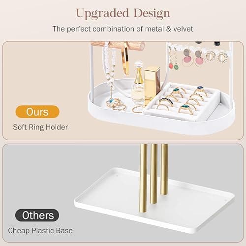 ProCase Jewelry Organizer Tower, 10 Hooks Jewelry Storage Rack Tree Holder Stand with Velvet Ring Display Tray for Necklaces Bracelets Earrings Rings Watches -White thumbnail 4