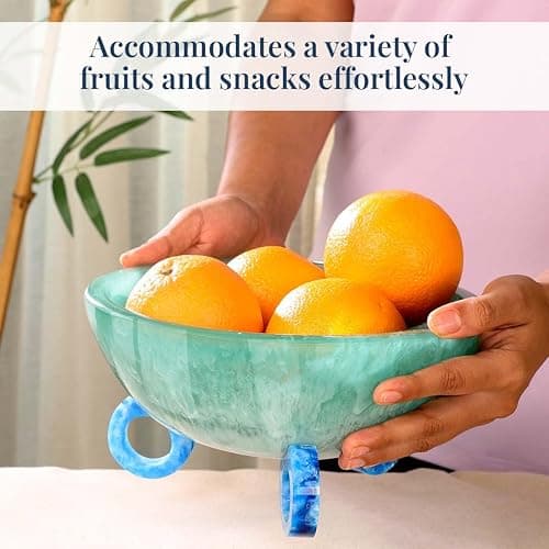 Folkulture Fruit Bowl for Kitchen Counter, 9" Resin Decorative Bowl, Centerpiece Table Decorations, Fruit Basket for Coffee Table Décor, Kitchen Counter Décor, Pedestal Bowl - 9" X 5" - Aqua Teal thumbnail 4