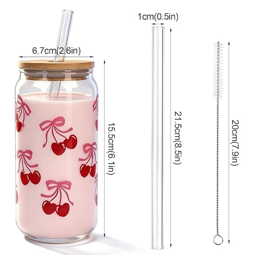 Mason Life Cherries Bows Glass Cups with Lids and Straws, 18OZ Cherry Decor Iced Coffee Cups with Lids, Cute Glass Cups Valentine's Day Gift for Women, Coquette Aesthetic Glass Cups -Set of 2 thumbnail 3