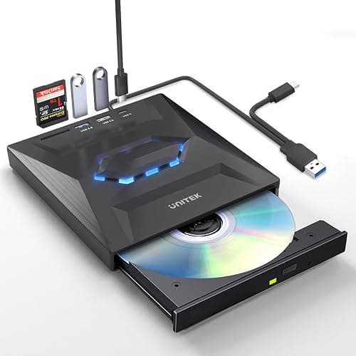 Unitek External CD DVD Drive, USB 3.0 Type-C Portable CD/DVD +/-RW Drive/DVD Player with SD Card Reader USB 3.0 USB C Hub CD ROM Burner Compatible for Laptop Desktop PC Mac Windows 11/10/8/7 Linux - Image 1