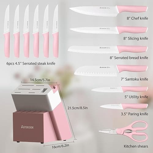 Astercook Knife Set, Kitchen Knives Set with Block and Sharpener Ceramic Coating 15 Pcs German Stainless Steel Knives Sharp Blade Dishwasher Safe Deba Knives with Ergonomic Handle, Crystal Pink thumbnail 5