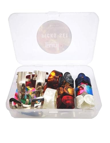 Thumb Finger Picks Plectrum With Plastic Case, SUNLP Stainless Steel Metal Celluloid Guitar thumb finger picks and Free 8pcs 0.46mm Guitar Picks For Mandolin Banjo Harp Thumb Finger Picks thumbnail 2