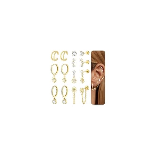 Dochais Flat Back Cartilage Earrings for Women Trendy Dainty CZ Flatback Studs Earing Sets 14k Gold Plated Hypoallergenic Huggie Hoops Earring Stacks for Multiple Piercing - Image 1