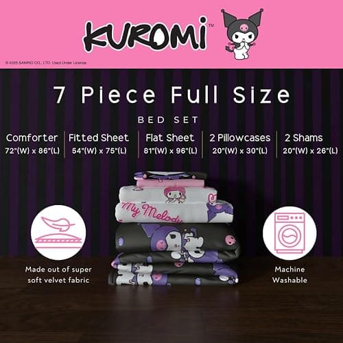 Franco Sanrio Kuromi & My Melody Bedding 7 Piece Super Soft Cozy Reversible Comforter and Sheet Set with Sham, Full, (Officially Licensed Product) thumbnail 4