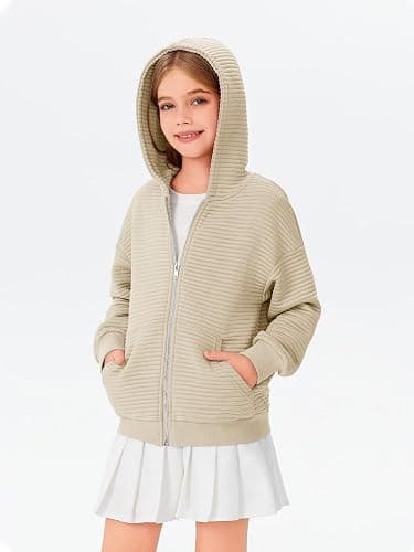Haloumoning Girls Zip Up Hoodie Kids Fashion Oversized Textured Sweatshirt Jacket with Pockets 5-14 Years thumbnail 4