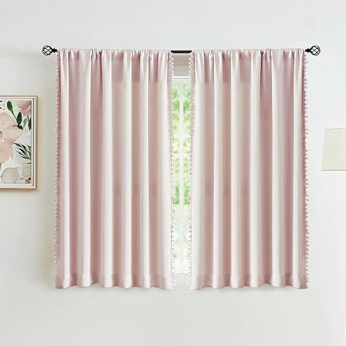 Treatmentex Pom-Pom Pink Half-Blackout Curtains 45'''' Short Window Curtain Set for Girls Baby Nursery Room Darkening Drapes 2 Panels Rod Pocket,Adult - Image 1