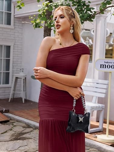 LAGSHIAN Women's Elegant Formal Long Dress One Shoulder Sleeveless Ruched Bodycon Evening Dress thumbnail 6