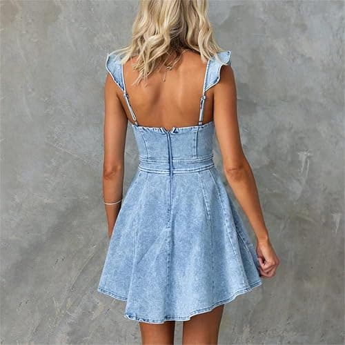 Generic Womens Solid A Line Cowboy Dress Square Collar Denim Mini Dress Butterfly Sleeve Backless Zip Dress thumbnail 3